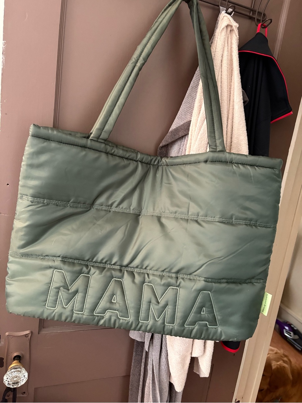 Olive Green 'MAMA' Quilted Tote Bag